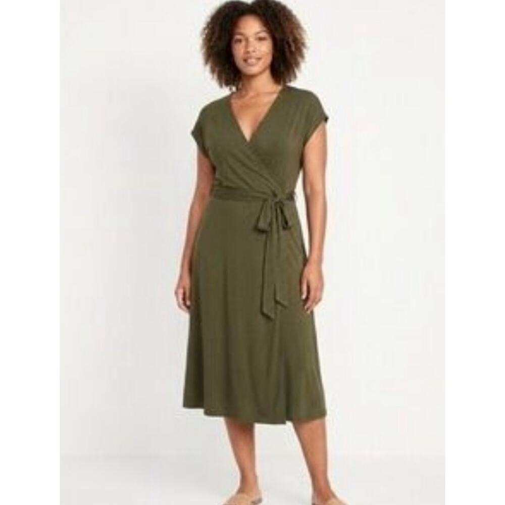 OLD NAVY Sz L Wrap Front Dress Olive Green Dolman Sleeve Tie Waist